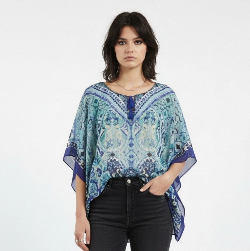 Chico's Blouse Blue Boho Sheer Hippie Festival Summer S/M